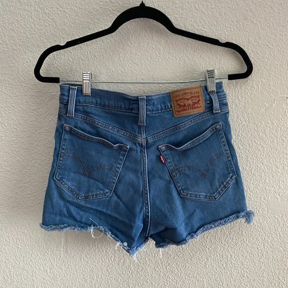 Levi's High Rise Distressed Raw Hem Denim Jean Shorts 28 Medium Wash Festival - Picture 2 of 4